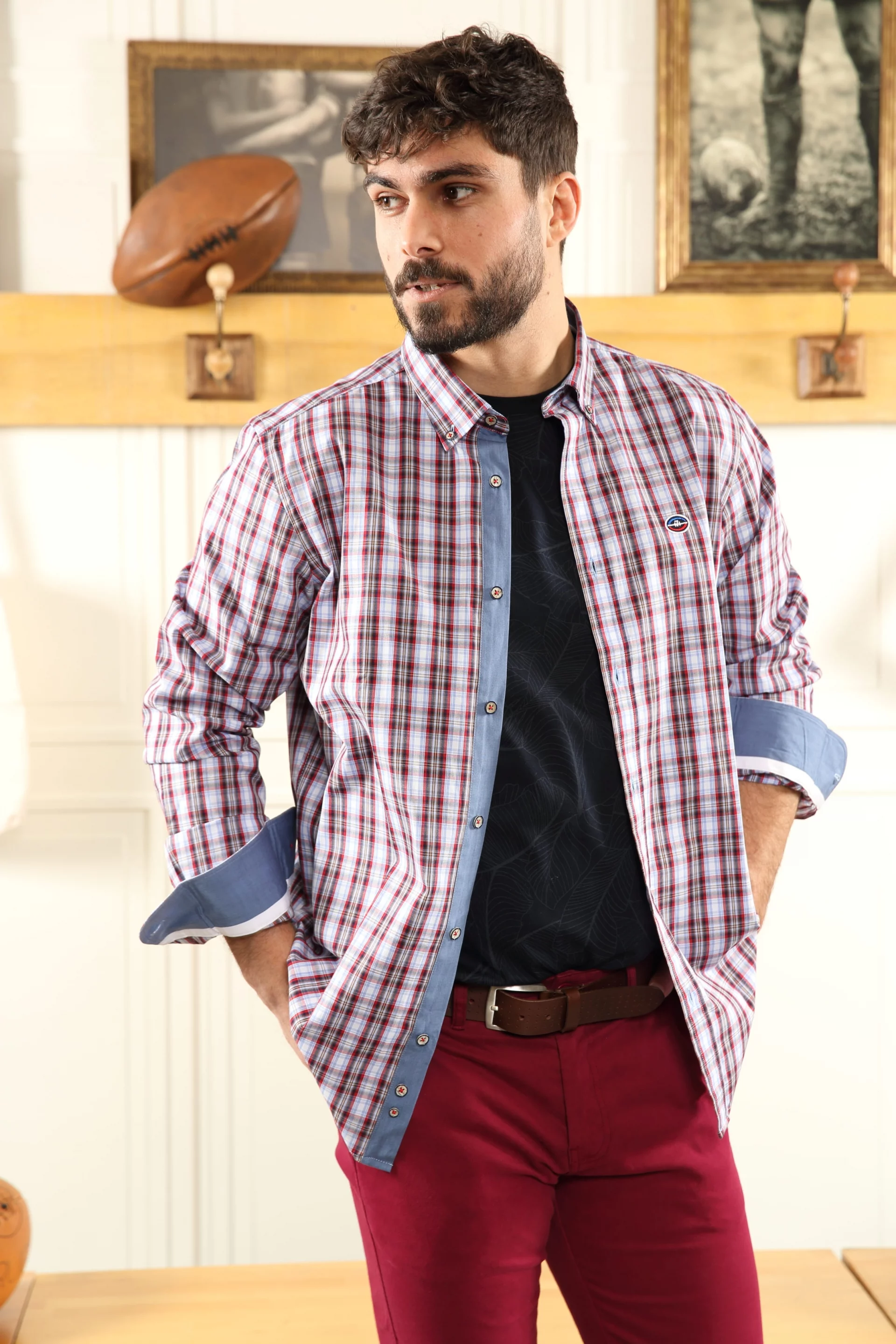 Chemise à carreaux rouge et détails bleu ciel Sir Seven