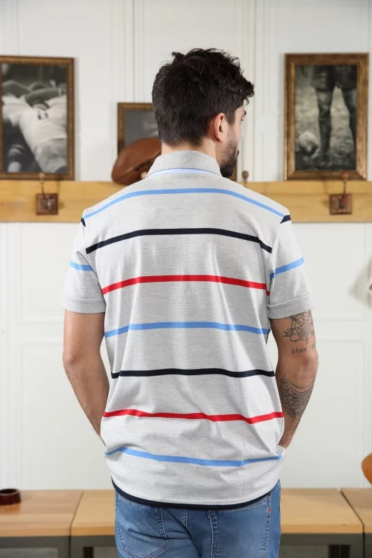 Polo gris clair manches courtes à rayures Homme - Sir Seven