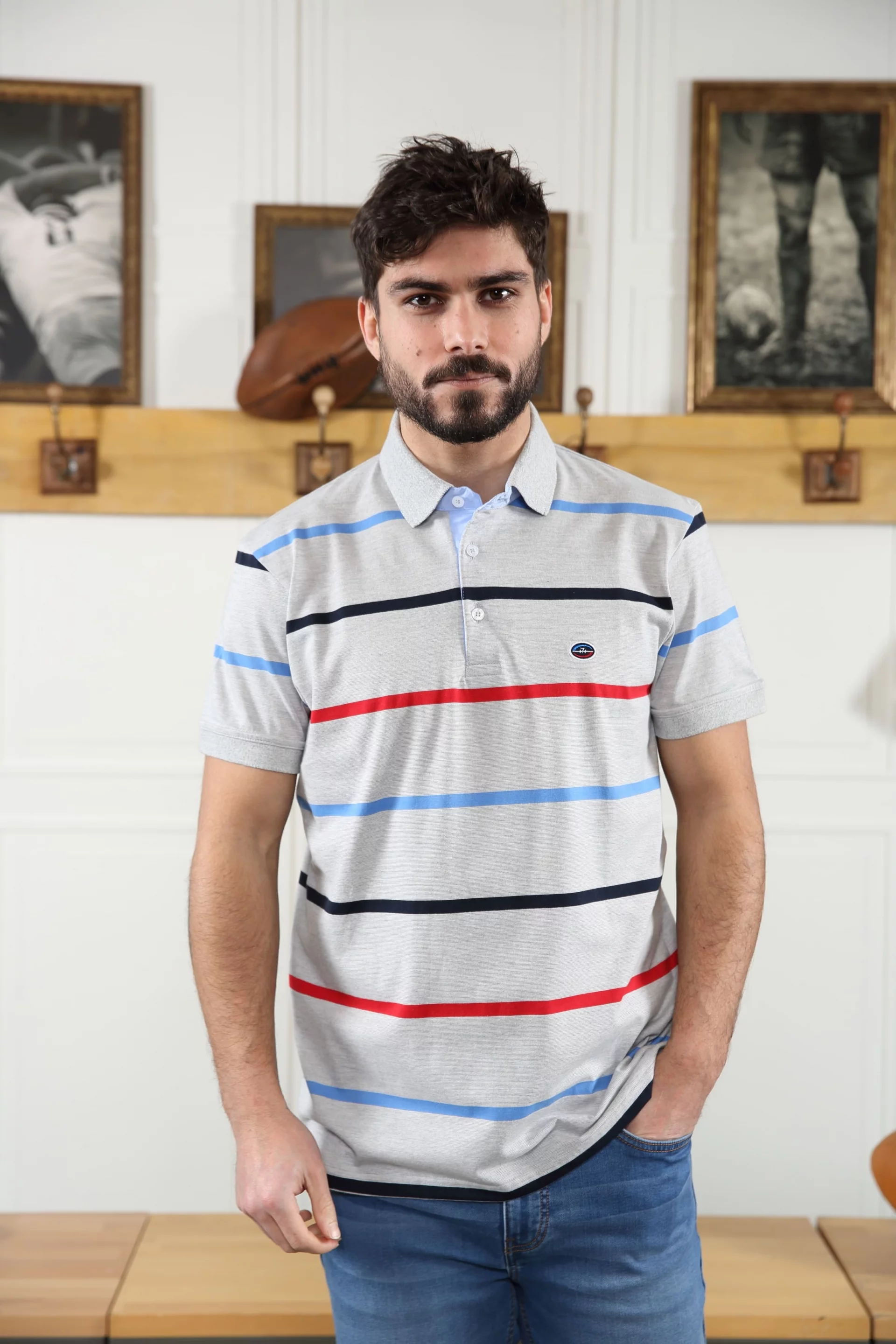 Polo gris clair manches courtes à rayures Homme - Sir Seven