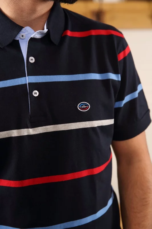 Polo bleu marine manches courtes à rayures Homme - Sir Seven