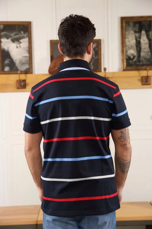 Polo bleu marine manches courtes à rayures Homme - Sir Seven
