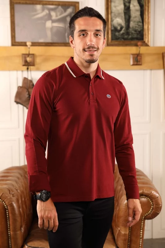 Polo homme manches longues rouge bordeaux, collection Rugby Wear
