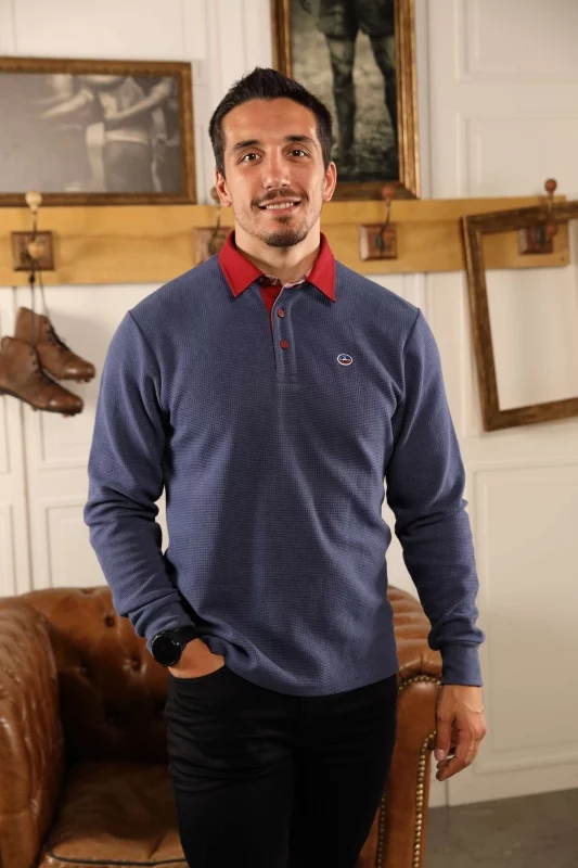 Polo homme manches longues bleu "1823" nid d'abeille, Rugby Wear
